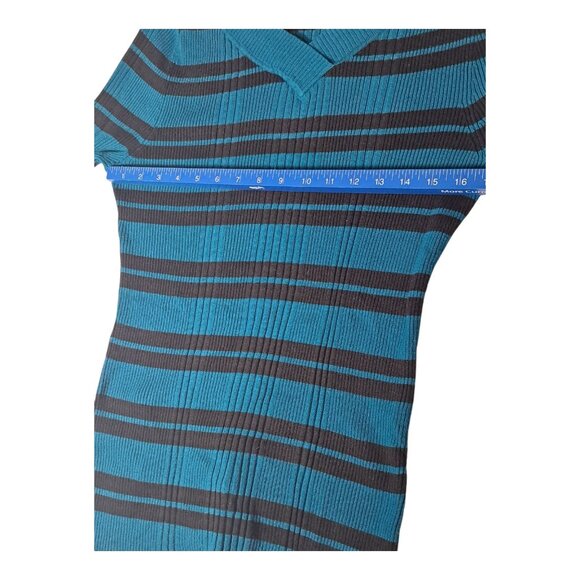 United States Sweaters XL V-Neck Pullover Turquoise Blue Black Striped Stretch - Picture 13 of 16